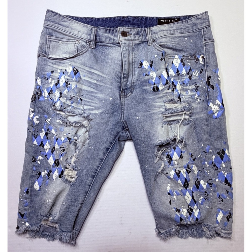 Smoke Rise Distressed Denim Shorts Men's 38 Blue Paint Splatter Biker